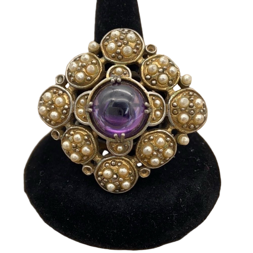 Lia Sophia Gold-Tone Ring with Purple Cabochon and Pearlescent Accents